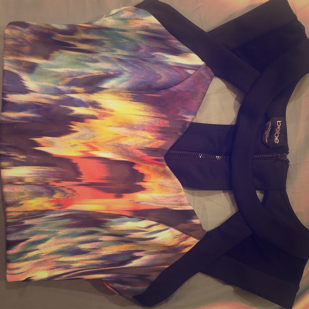 Worn once Bebe crop top black with multi color.